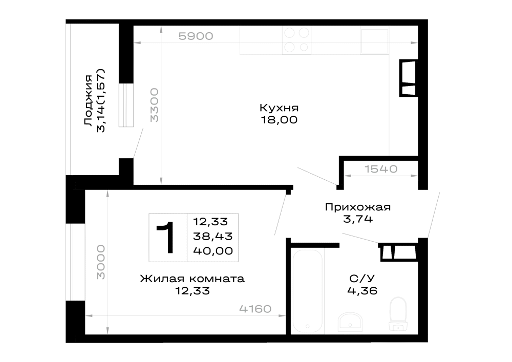 Планировка 1-комнатной квартиры 40 м² в Горные высоты, г. Майкоп — фото 1
