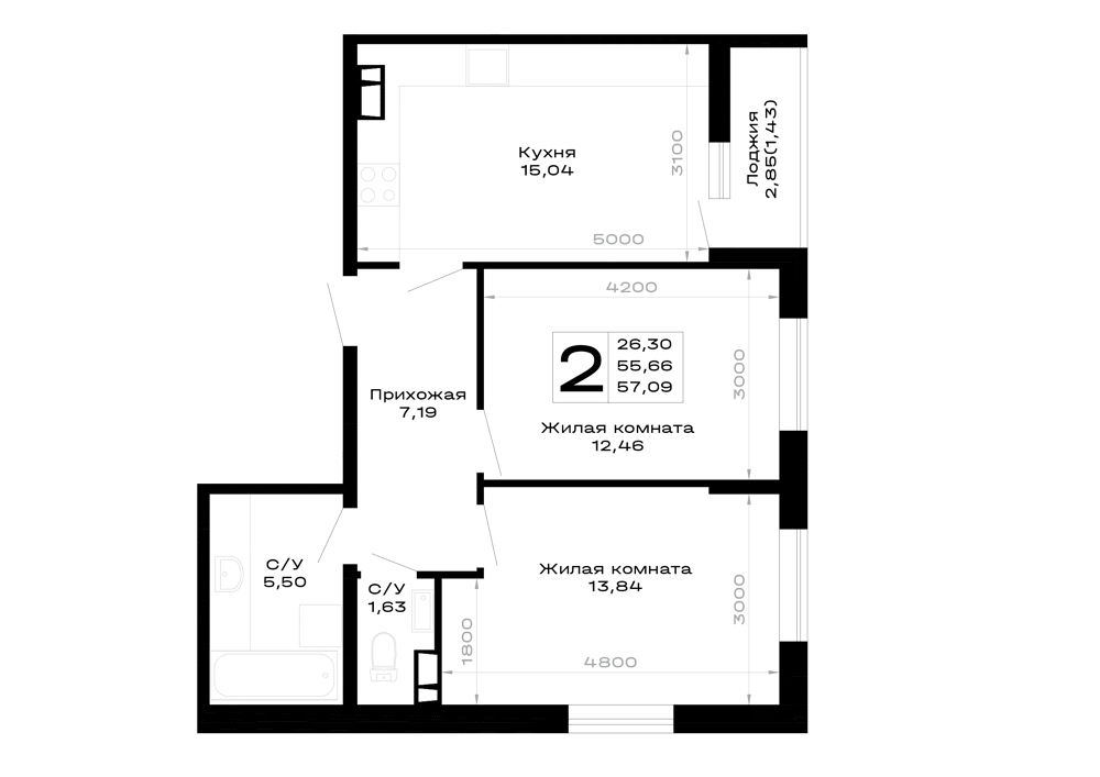 Планировка 2-комнатной квартиры 57.09 м² в Горные высоты, г. Майкоп — фото 1