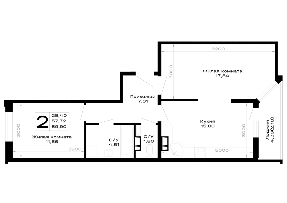 Планировка 2-комнатной квартиры 59.9 м² в Горные высоты, г. Майкоп — фото 1