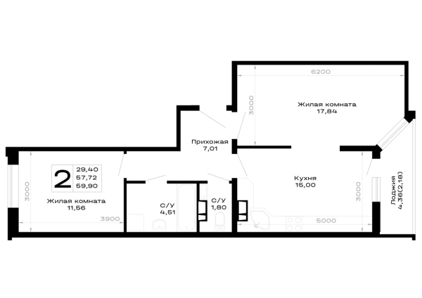 Планировка 2 комн. в Горные высоты