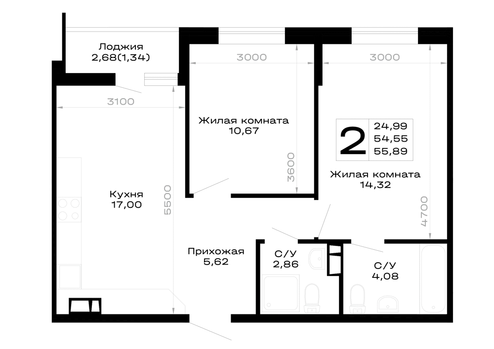 Планировка 2-комнатной квартиры 55.89 м² в Горные высоты, г. Майкоп — фото 1