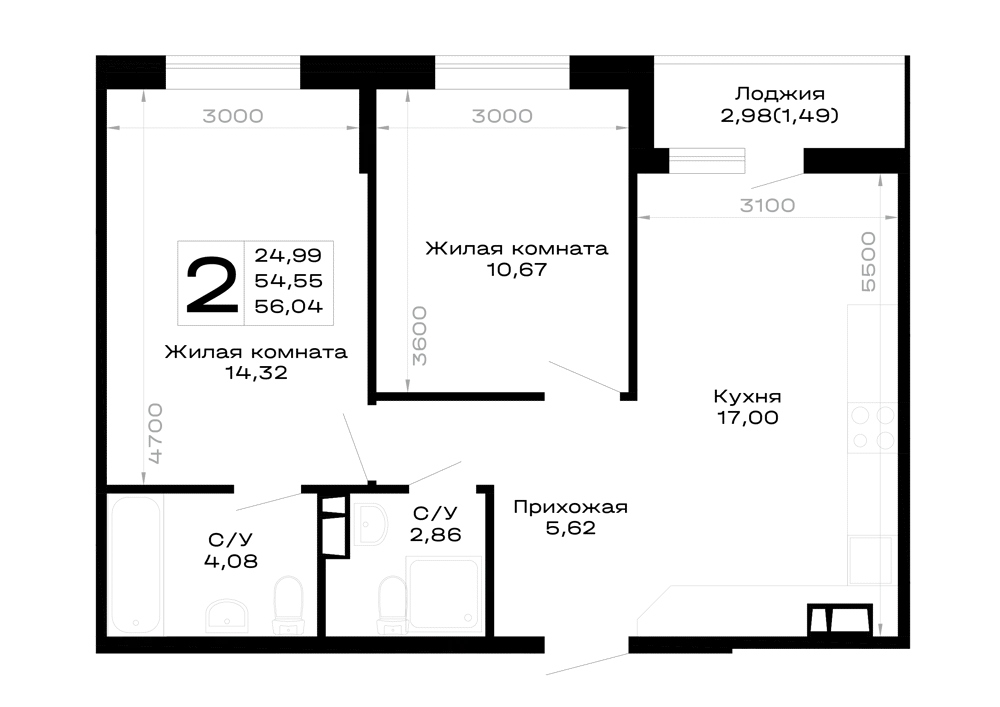 Планировка 2-комнатной квартиры 56.04 м² в Горные высоты, г. Майкоп — фото 1