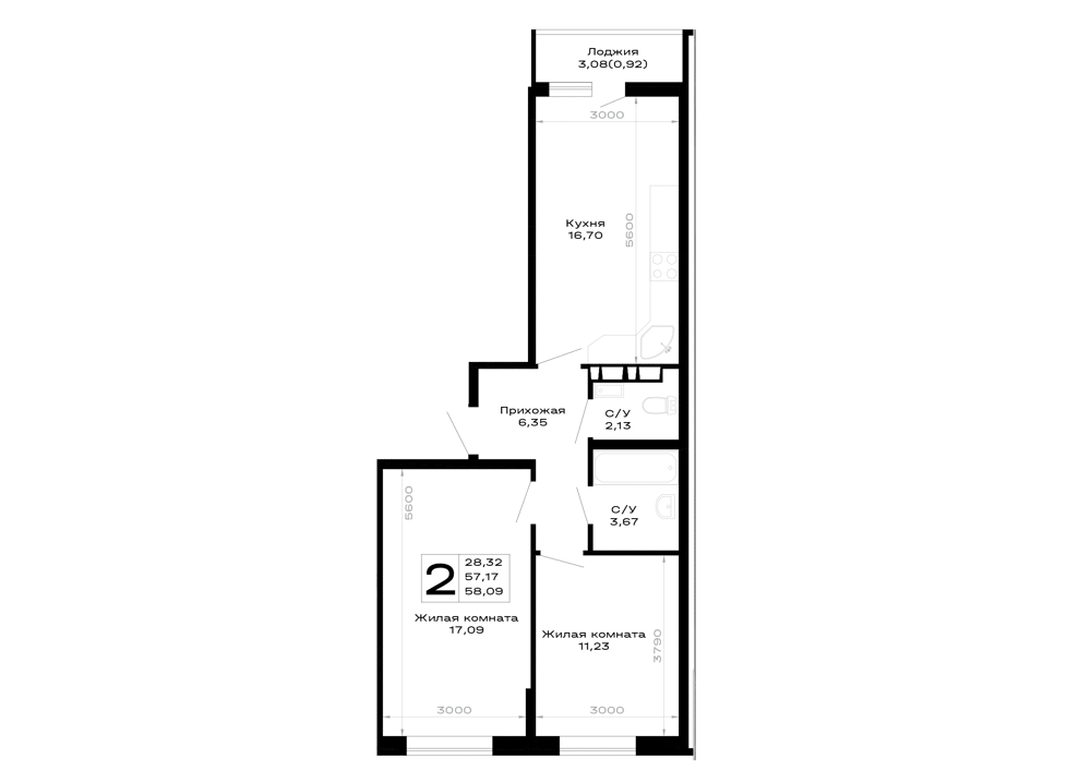 Планировка 2-комнатной квартиры 58.09 м² в Горные высоты, г. Майкоп — фото 1