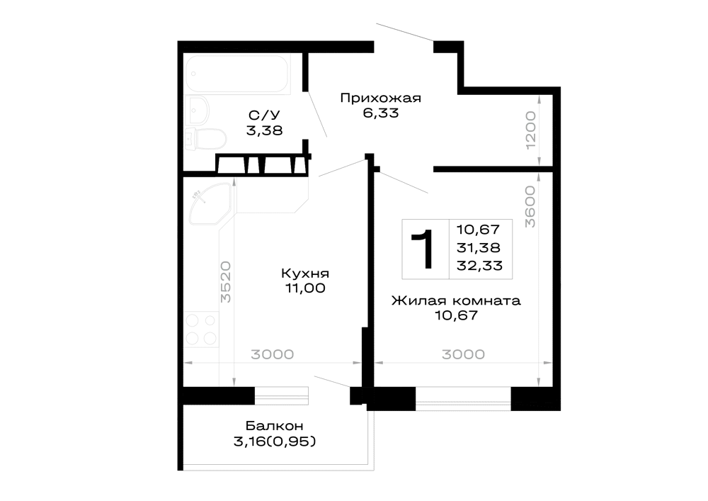 Планировка 1-комнатной квартиры 32.33 м² в Горные высоты, г. Майкоп — фото 1