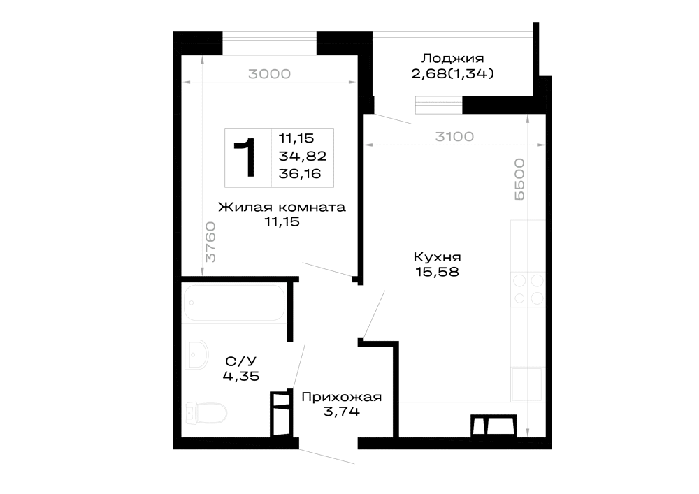 Планировка 1-комнатной квартиры 36.16 м² в Горные высоты, г. Майкоп — фото 1