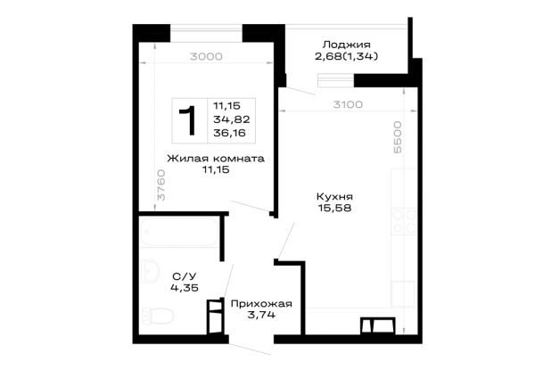 Планировка 1 комн. в Горные высоты