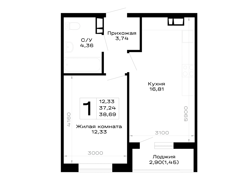 Планировка 1-комнатной квартиры 38.69 м² в Горные высоты, г. Майкоп — фото 1