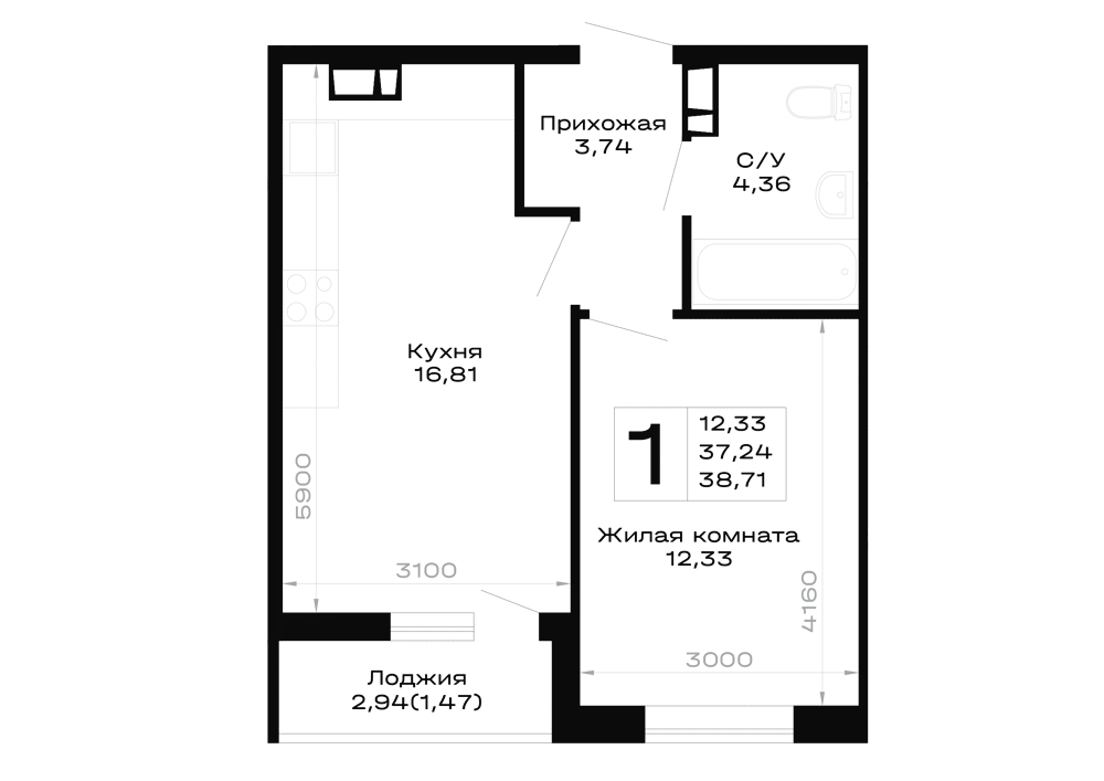 Планировка 1-комнатной квартиры 38.71 м² в Горные высоты, г. Майкоп — фото 1