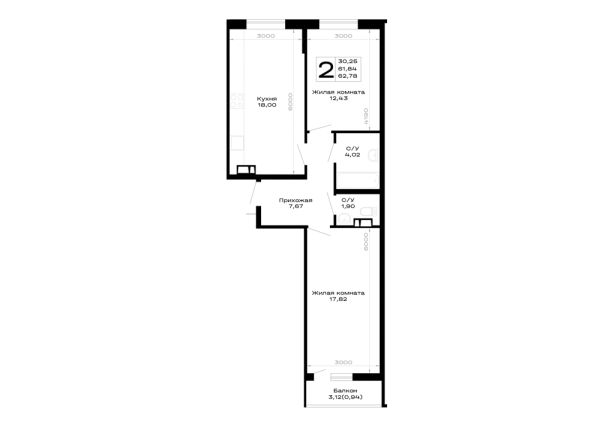 Планировка 2 комн. в Горные высоты