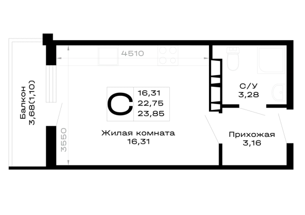 Планировка Студия в Горные высоты