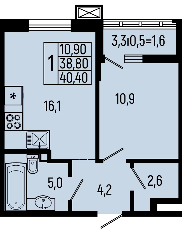 Планировка 1-комнатной квартиры 40.4 м² в ЖК Звёзды, г. Майкоп — фото 1