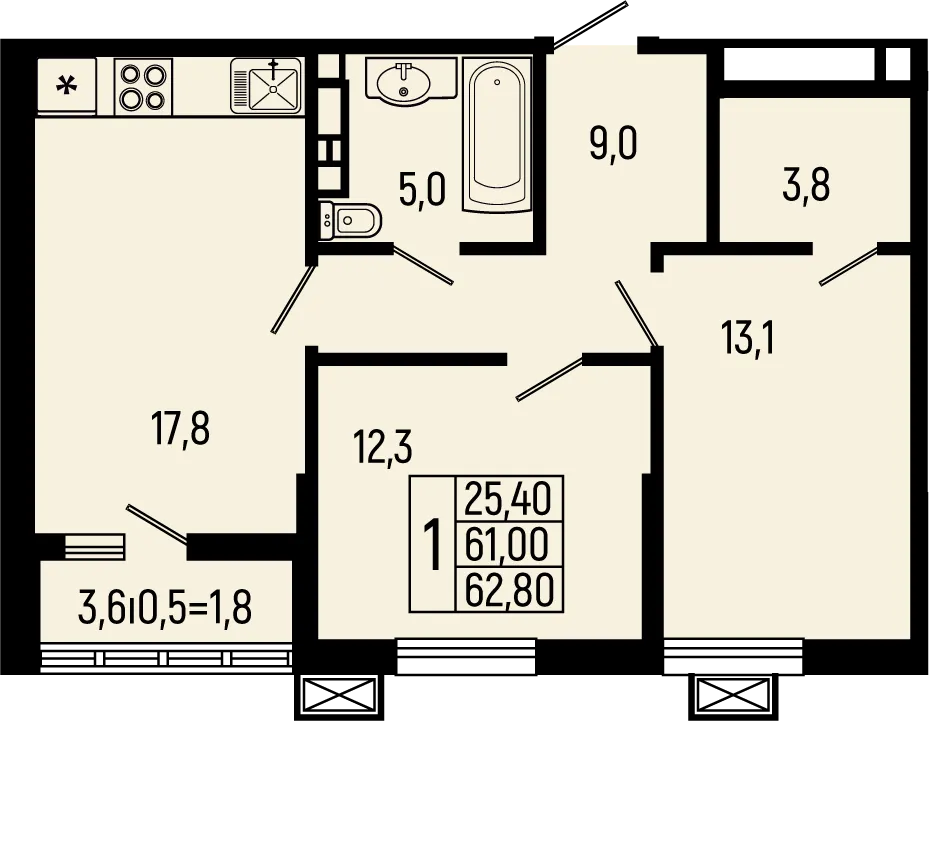 Планировка 2-комнатной квартиры 62.8 м² в ЖК Звёзды, г. Майкоп — фото 1
