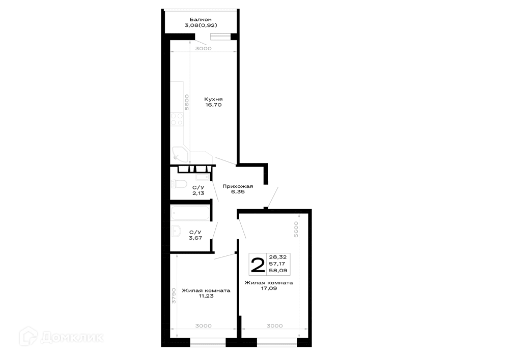 Планировка 2-комнатной квартиры 58.09 м² в Горные высоты, г. Майкоп — фото 1