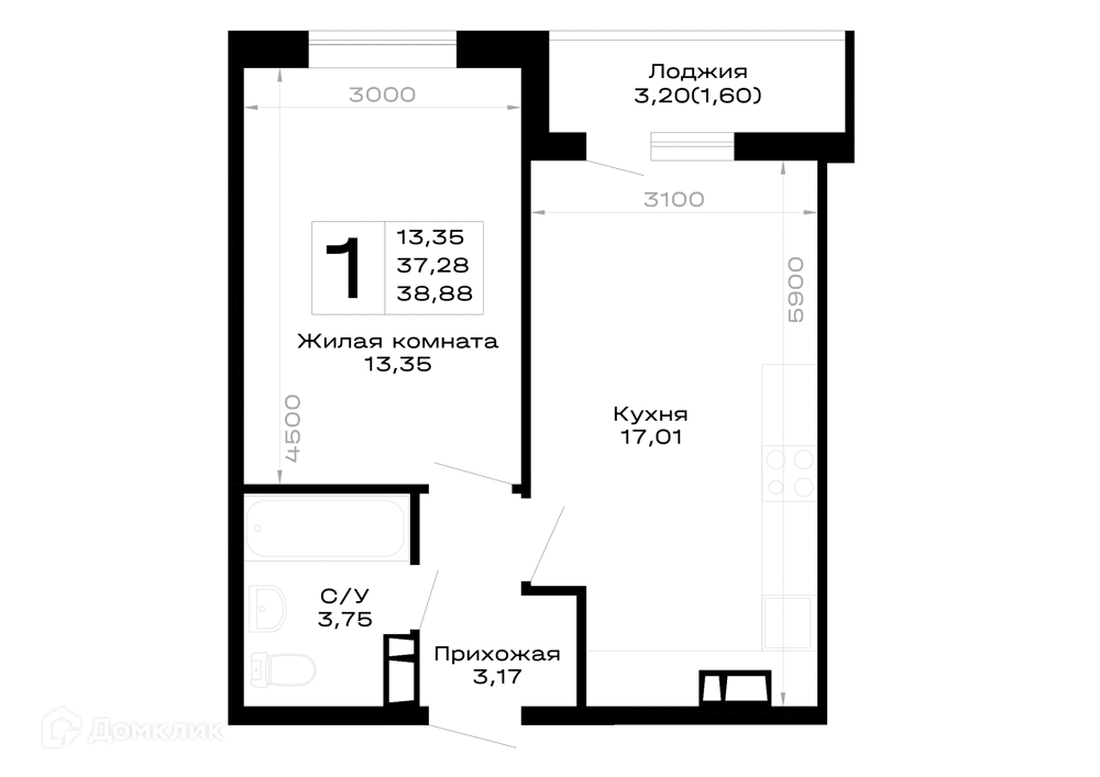 Планировка 1-комнатной квартиры 38.88 м² в Горные высоты, г. Майкоп — фото 1