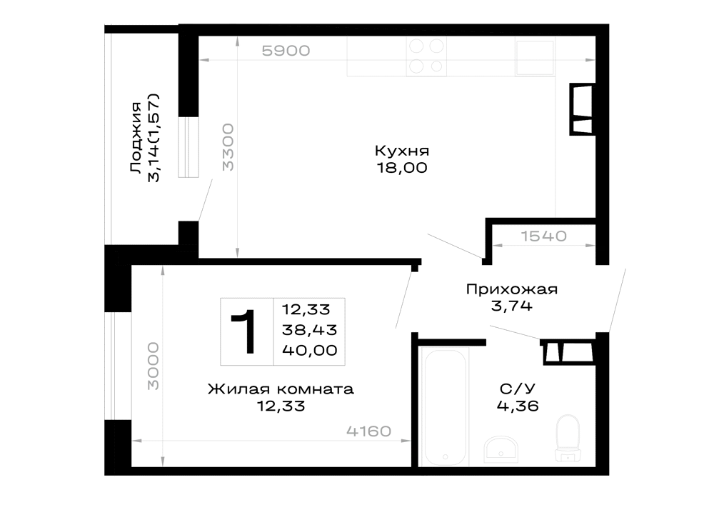Планировка 1-комнатной квартиры 40 м² в Горные высоты, г. Майкоп — фото 1