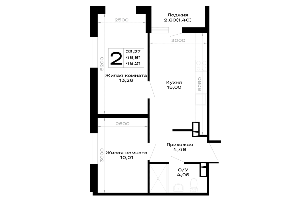 Планировка 2-комнатной квартиры 48.21 м² в Горные высоты, г. Майкоп — фото 1