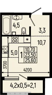 Планировка студии квартиры 25.6 м² в ЖК Звёзды, г. Майкоп — фото 1