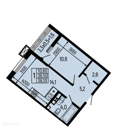 Планировка 1-комнатной квартиры 38.1 м² в ЖК Звёзды, г. Майкоп — фото 1