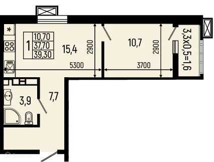 Планировка 1-комнатной квартиры 39.3 м² в ЖК Звёзды, г. Майкоп — фото 1