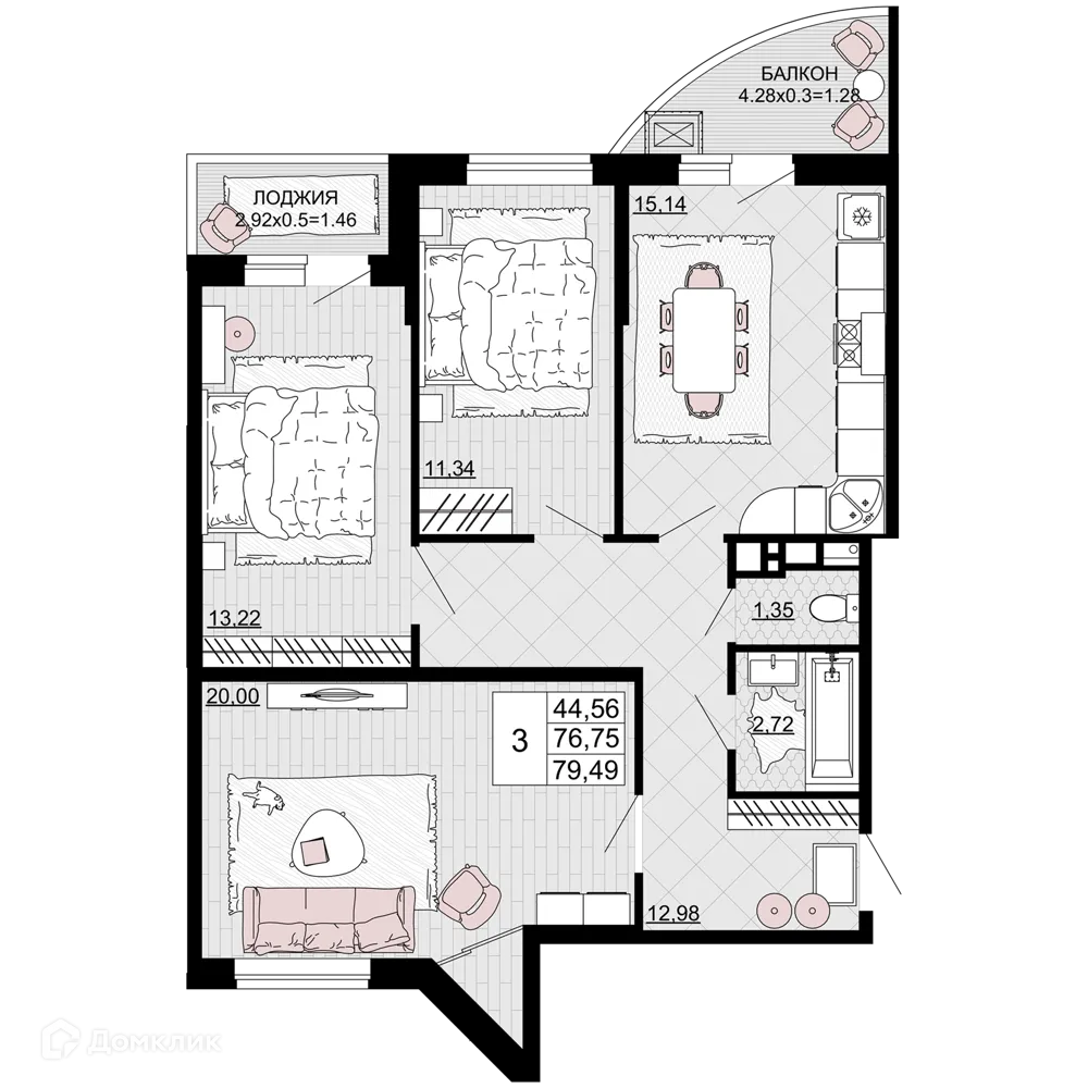 Планировка 3-комнатной квартиры 79.49 м² в ЖК "Дружба", г. Майкоп — фото 1