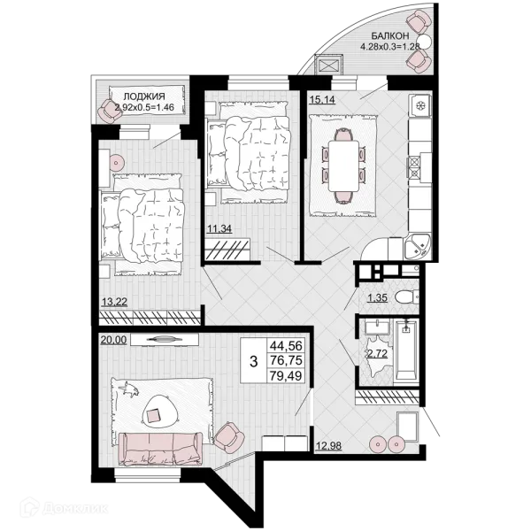 Планировка 3 комн. в ЖК "Дружба"