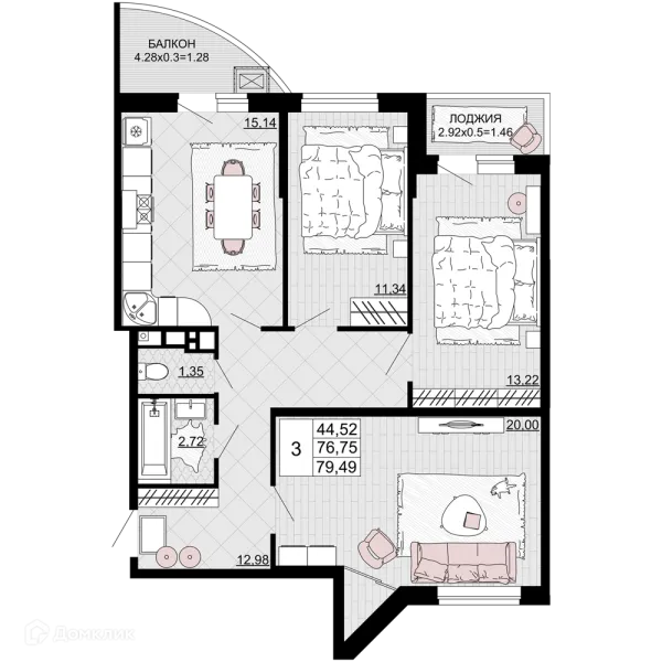 Планировка 3 комн. в ЖК "Дружба"