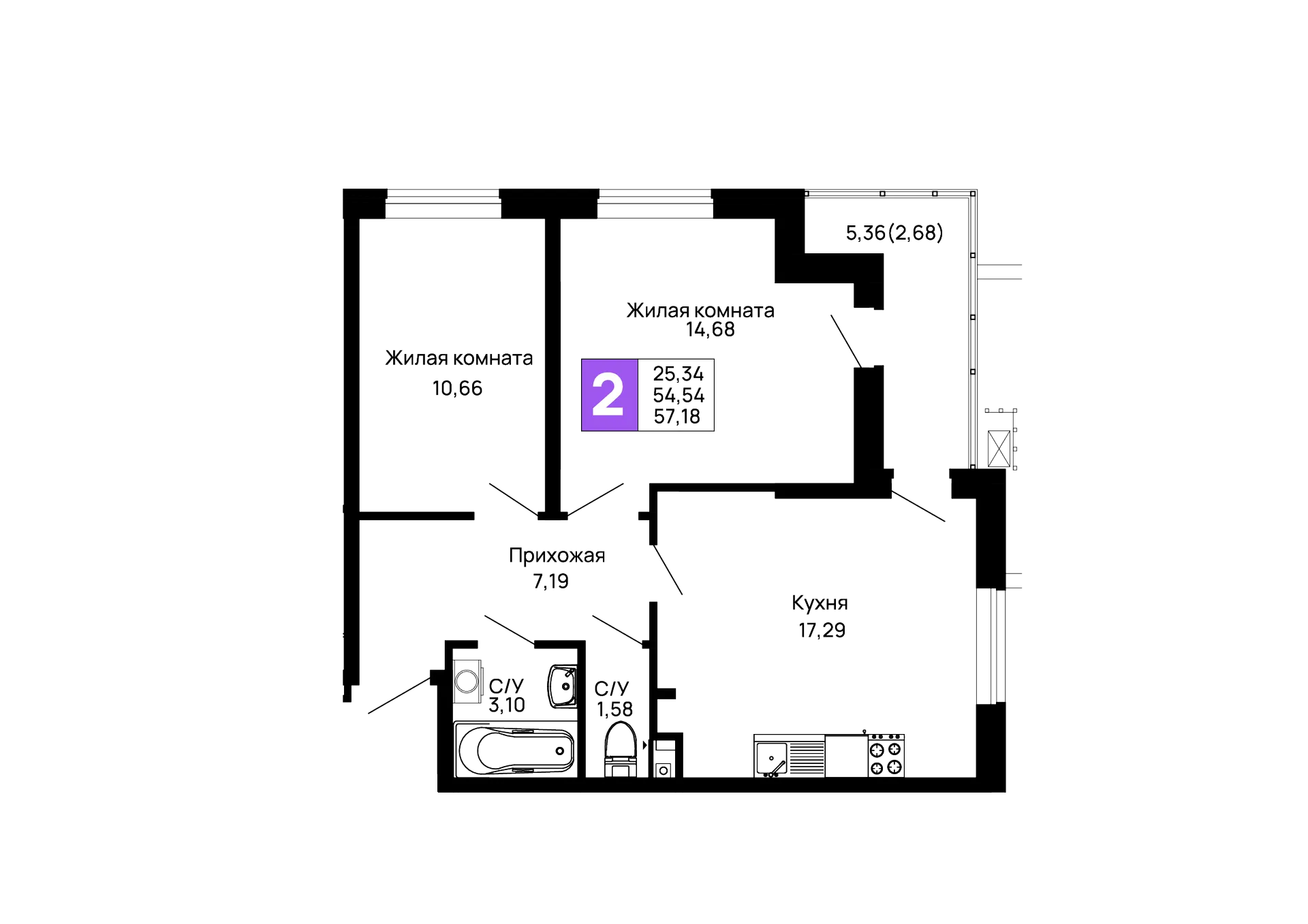 Планировка 2-комнатной квартиры 57.18 м² в ЖК Долина, г. Майкоп — фото 2