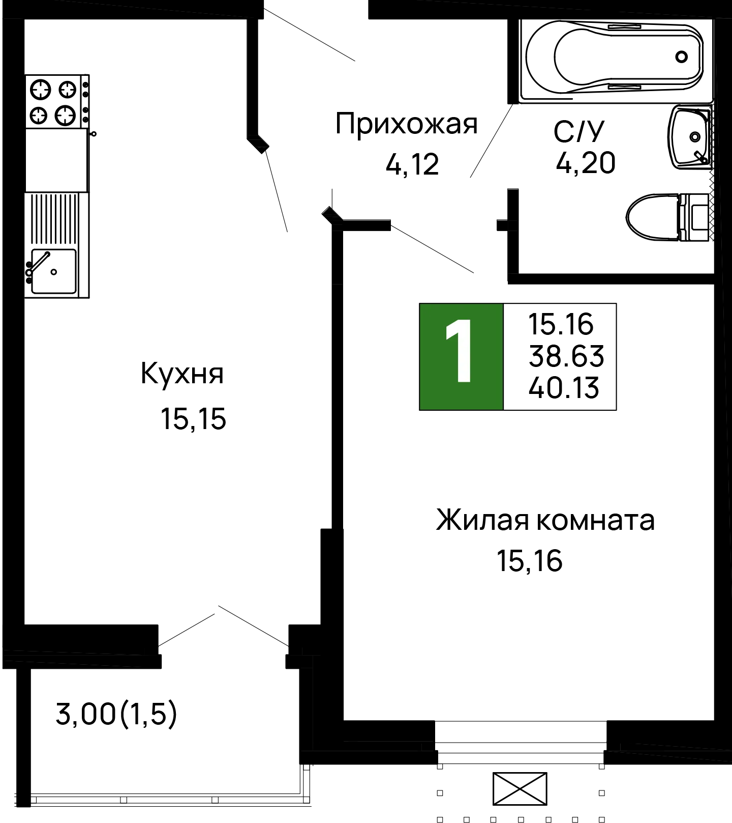 Планировка 1-комнатной квартиры 40.13 м² в ЖК Долина, г. Майкоп — фото 2