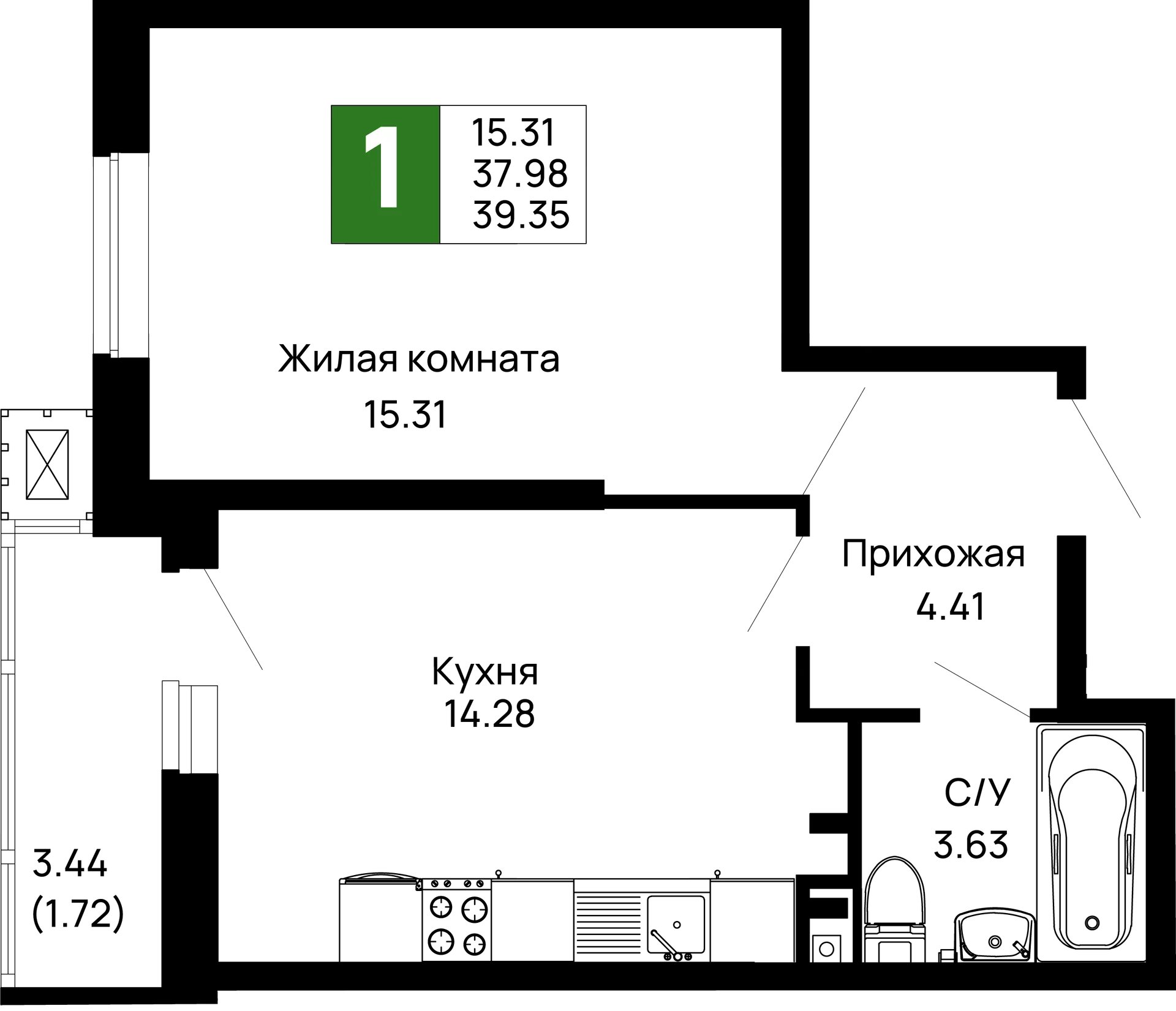 Планировка 1-комнатной квартиры 39.35 м² в ЖК Долина, г. Майкоп — фото 2