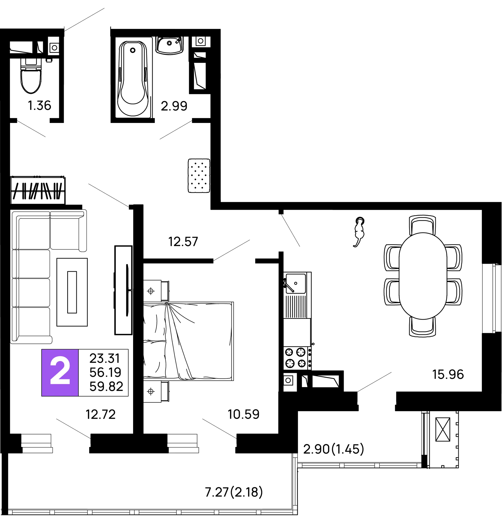 Планировка 2-комнатной квартиры 59.82 м² в ЖК Долина, г. Майкоп — фото 1