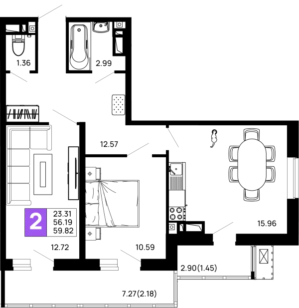 Планировка 2 комн. в ЖК Долина