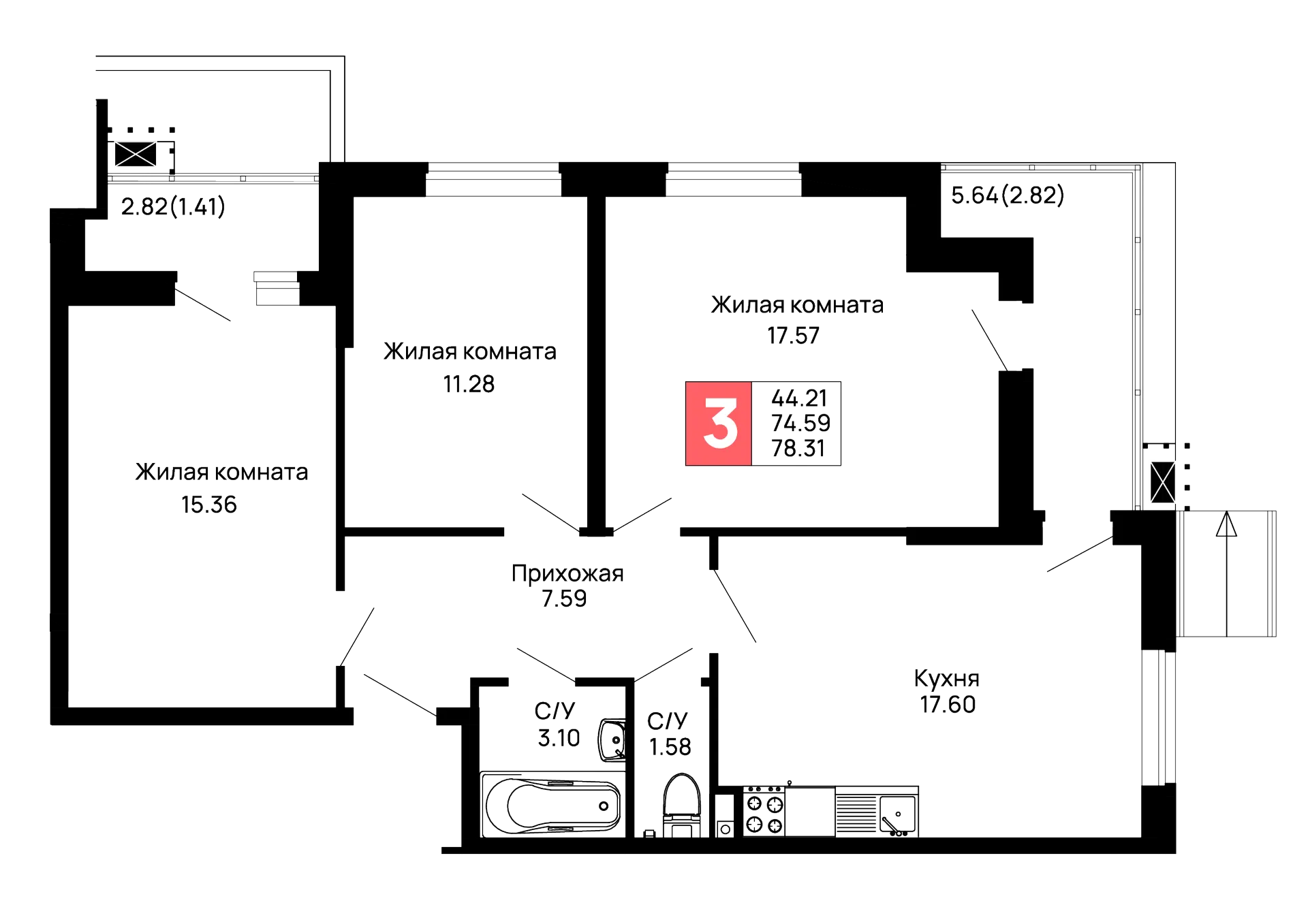 Планировка 3-комнатной квартиры 78.31 м² в ЖК Долина, г. Майкоп — фото 2