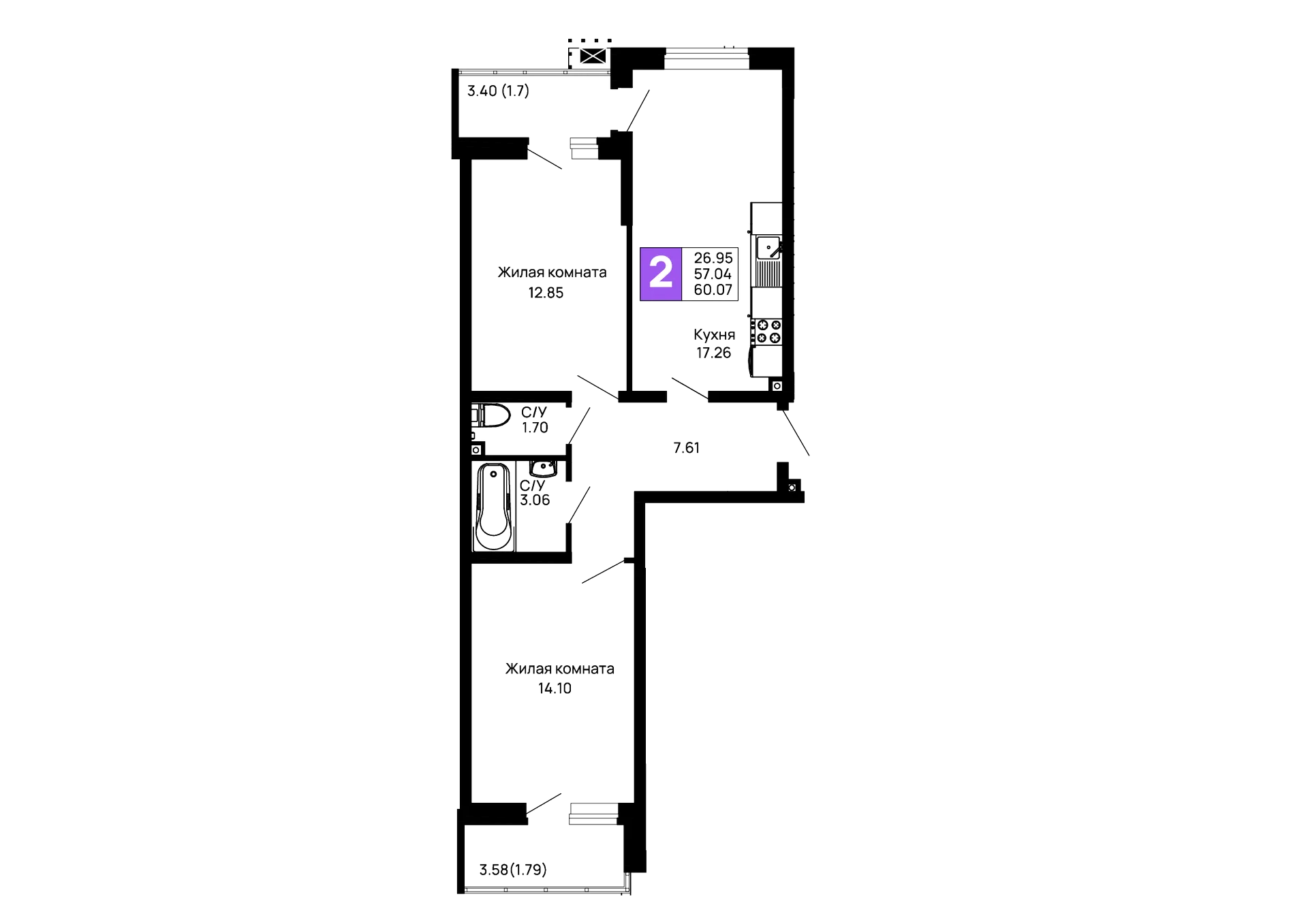 Планировка 2-комнатной квартиры 60.07 м² в ЖК Долина, г. Майкоп — фото 2