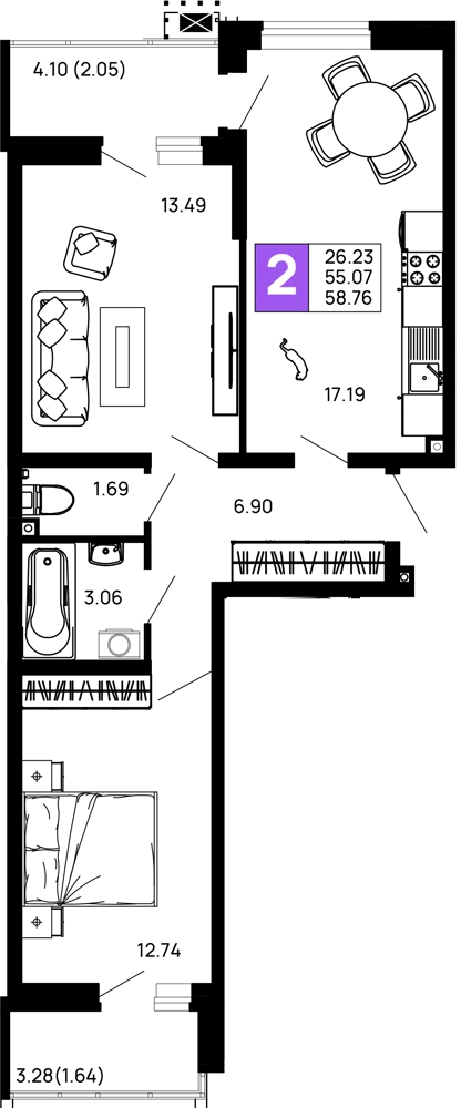 Планировка 2-комнатной квартиры 58.76 м² в ЖК Долина, г. Майкоп — фото 2