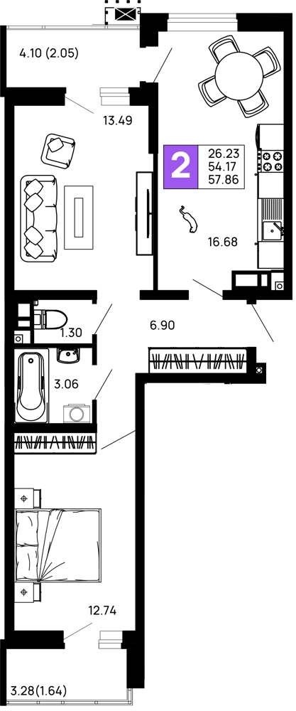 Планировка 2-комнатной квартиры 57.86 м² в ЖК Долина, г. Майкоп — фото 1