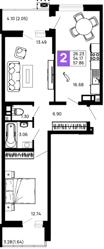 Планировка 2 комн. в ЖК Долина