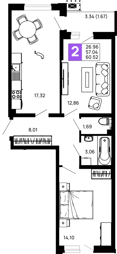 Планировка 2-комнатной квартиры 60.52 м² в ЖК Долина, г. Майкоп — фото 2