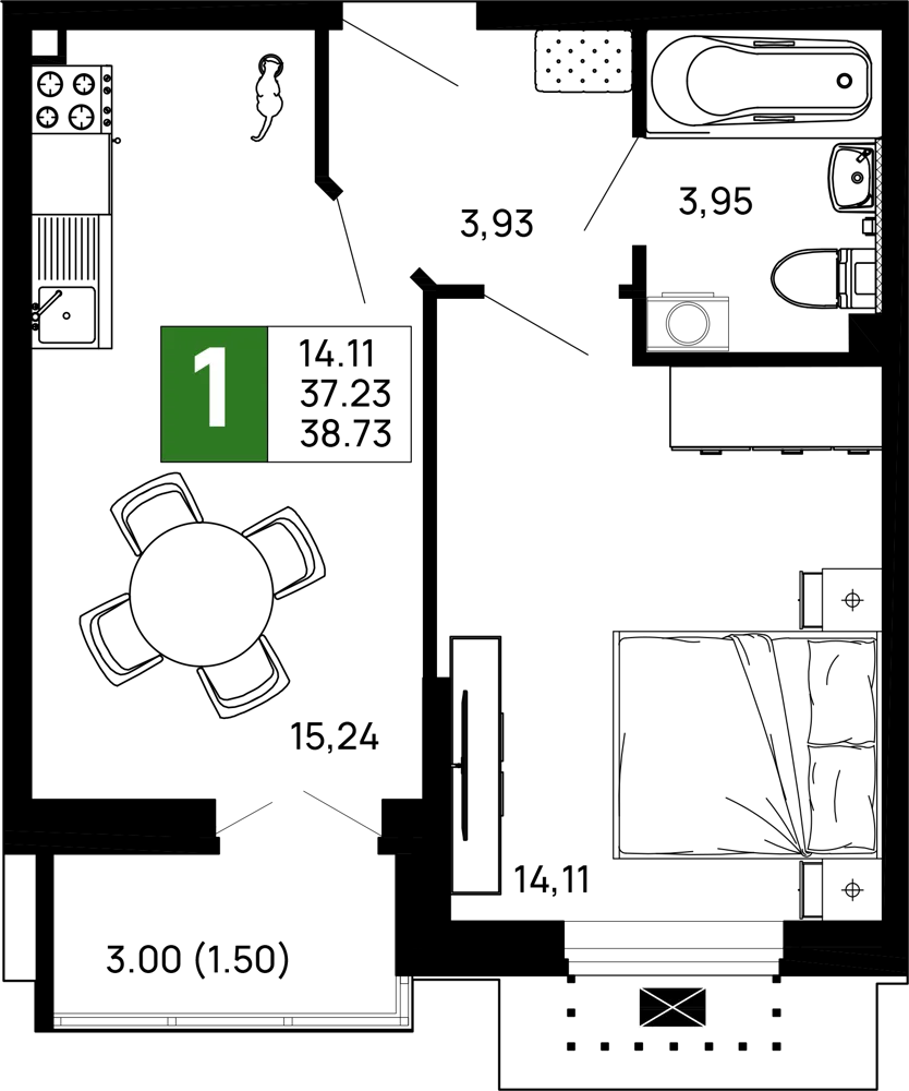 Планировка 1-комнатной квартиры 38.73 м² в ЖК Долина, г. Майкоп — фото 2