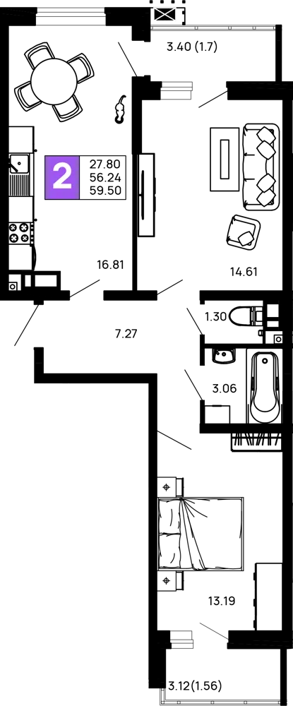 Планировка 2-комнатной квартиры 59.5 м² в ЖК Долина, г. Майкоп — фото 1