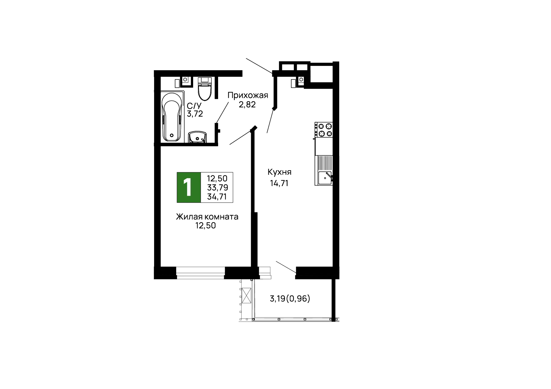 Планировка 1-комнатной квартиры 34.71 м² в ЖК Долина, г. Майкоп — фото 2
