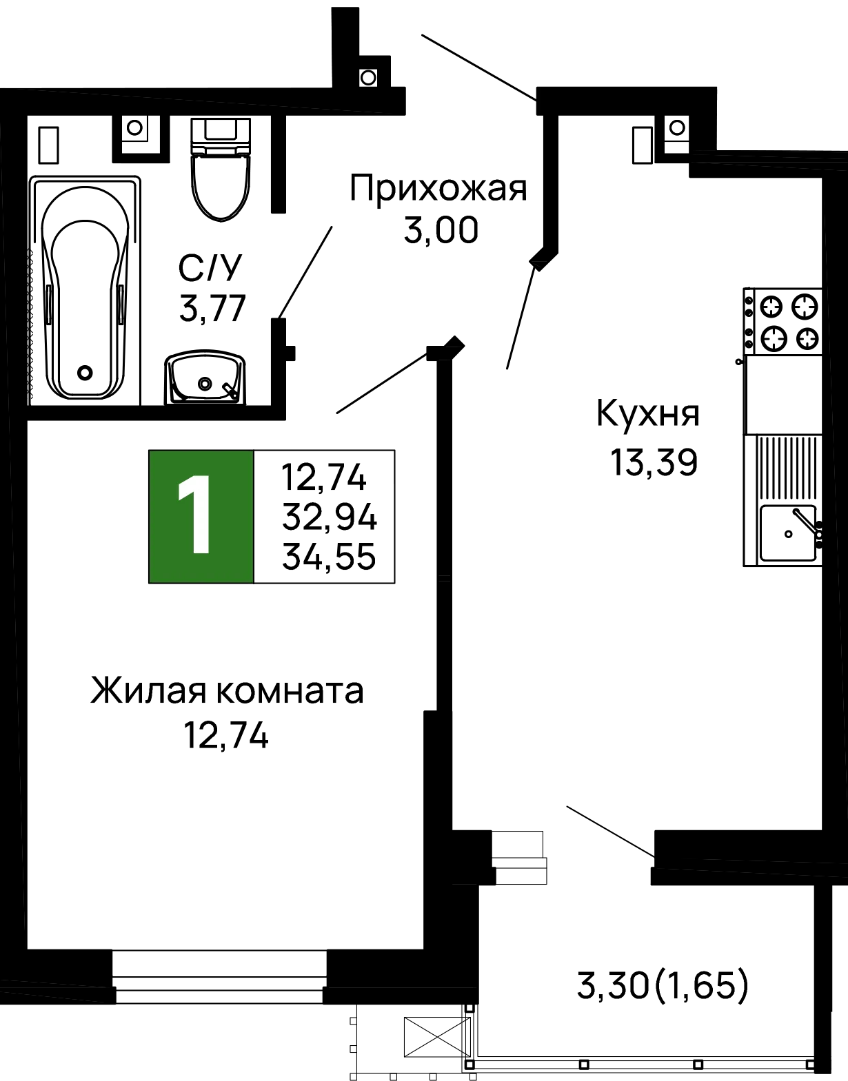 Планировка 1-комнатной квартиры 34.55 м² в ЖК Долина, г. Майкоп — фото 2