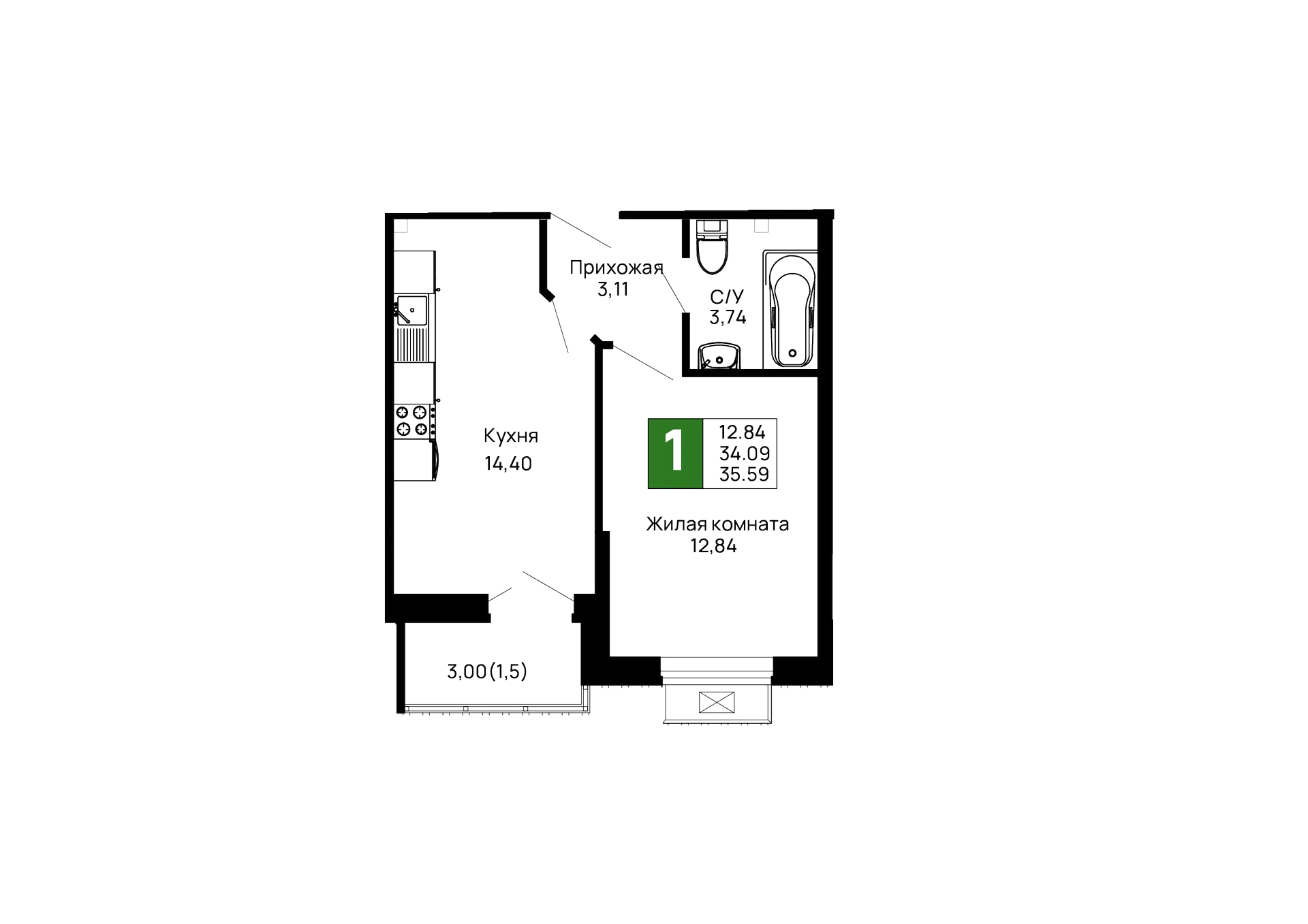 Планировка 1-комнатной квартиры 35.59 м² в ЖК Долина, г. Майкоп — фото 2