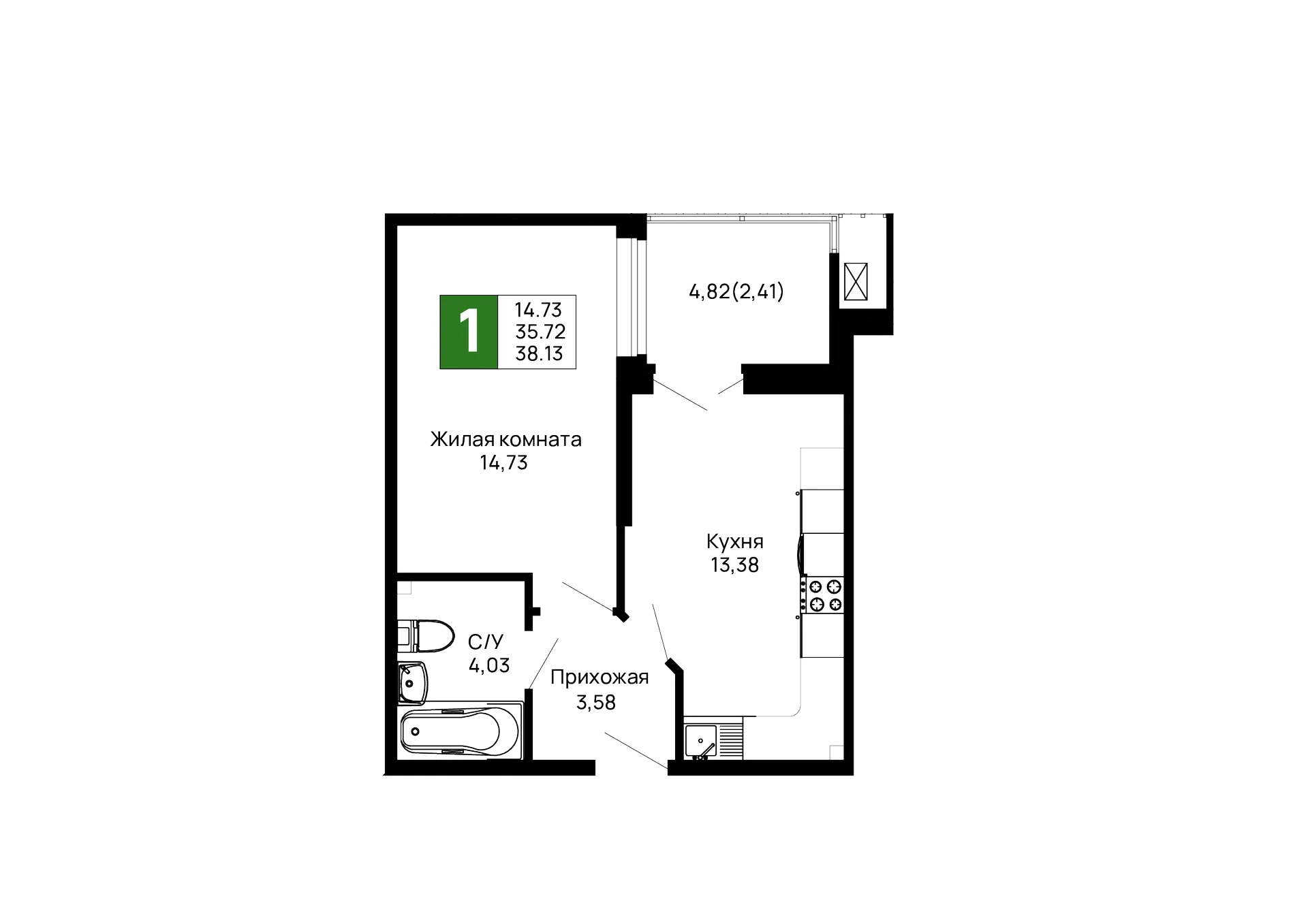 Планировка 1-комнатной квартиры 38.13 м² в ЖК Долина, г. Майкоп — фото 2