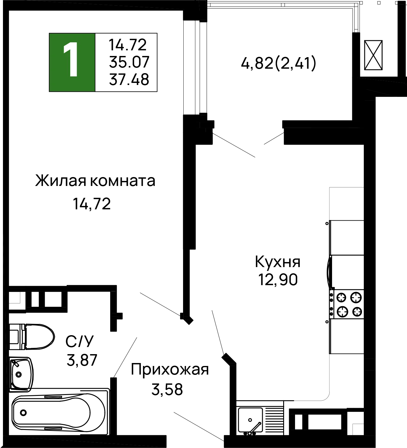 Планировка 1-комнатной квартиры 37.48 м² в ЖК Долина, г. Майкоп — фото 1