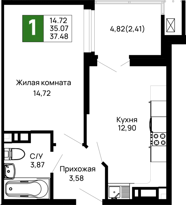 Планировка 1 комн. в ЖК Долина