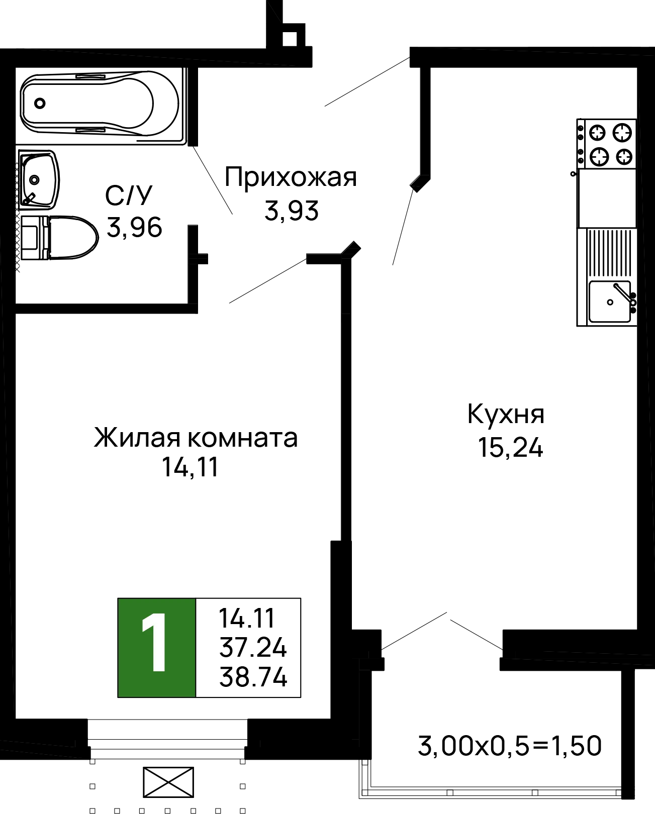 Планировка 1-комнатной квартиры 38.74 м² в ЖК Долина, г. Майкоп — фото 2