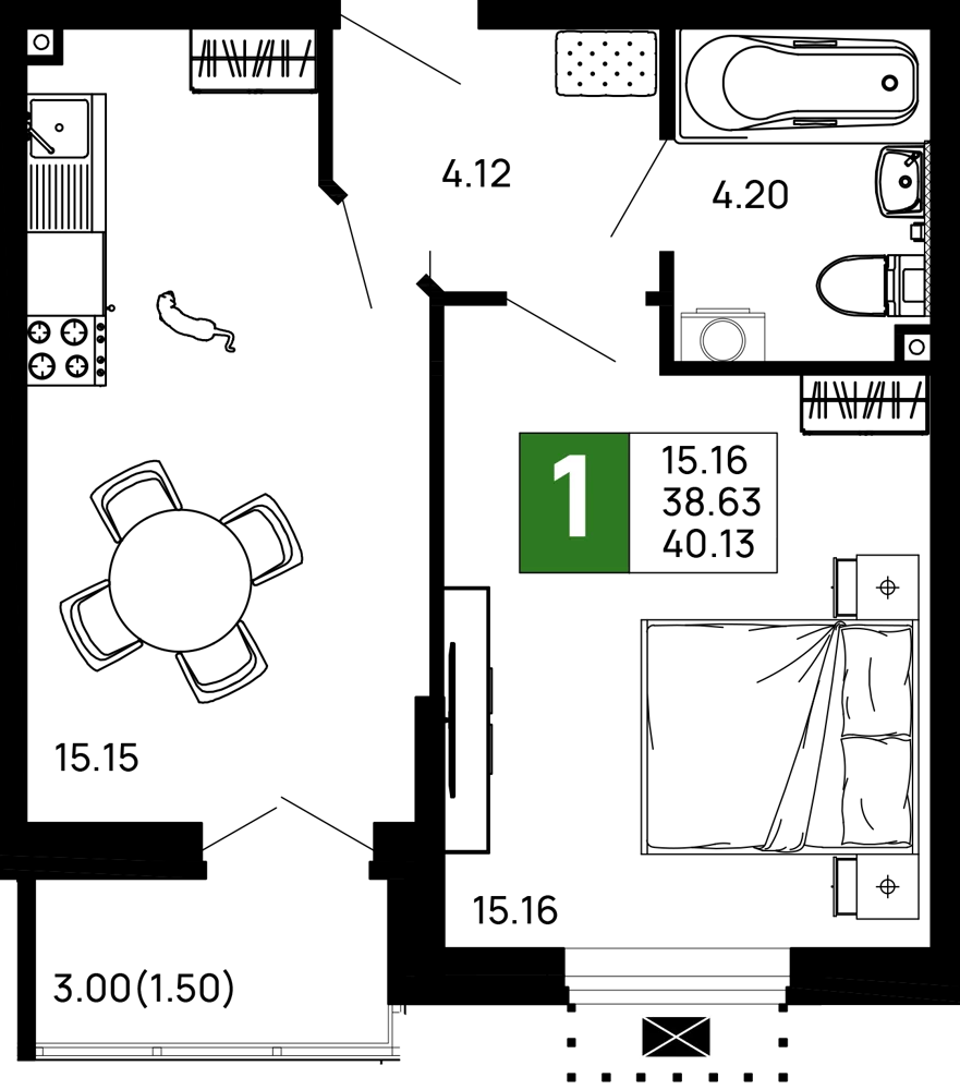 Планировка 1-комнатной квартиры 40.13 м² в ЖК Долина, г. Майкоп — фото 2