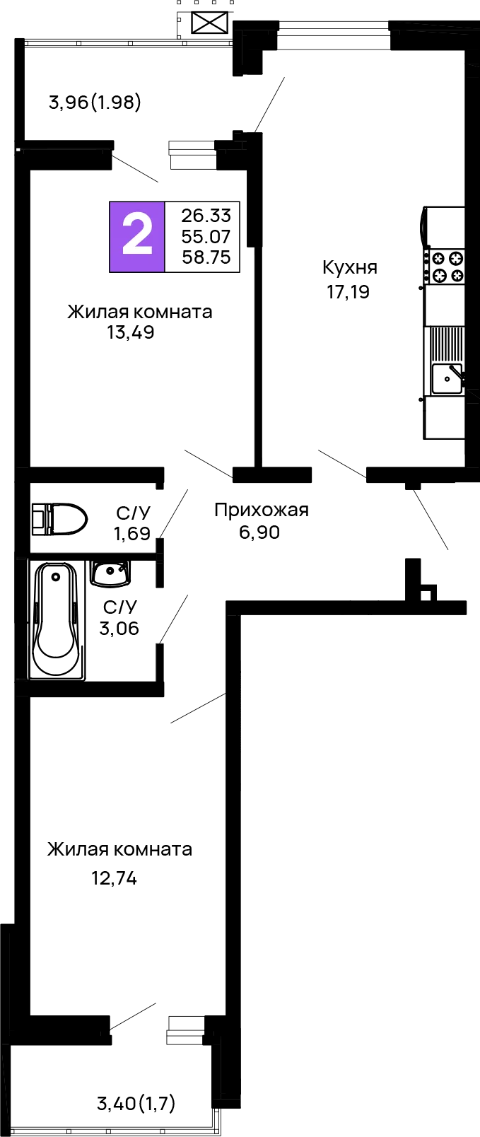 Планировка 2-комнатной квартиры 58.75 м² в ЖК Долина, г. Майкоп — фото 1