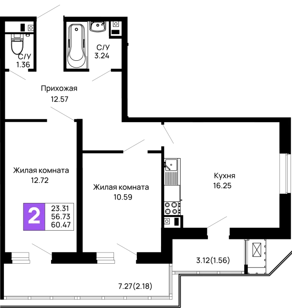Планировка 2 комн. в ЖК Долина