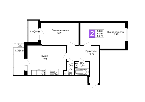 Планировка 2 комн. в ЖК Долина